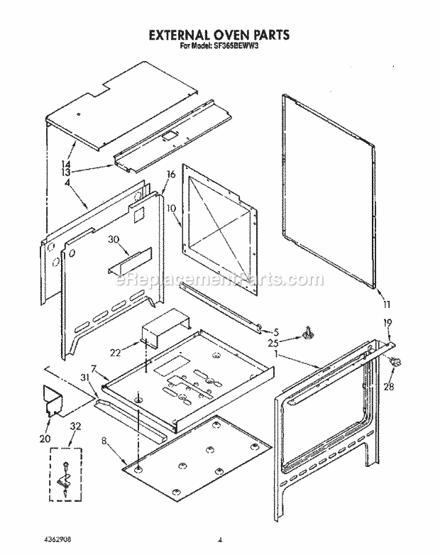 Whirlpool SF365BEWN3 Range External Oven Diagram