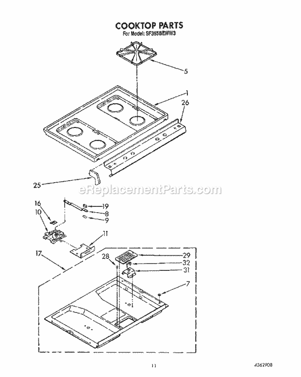 Whirlpool SF365BEWW3 Freestanding Gas Range Cooktop Diagram