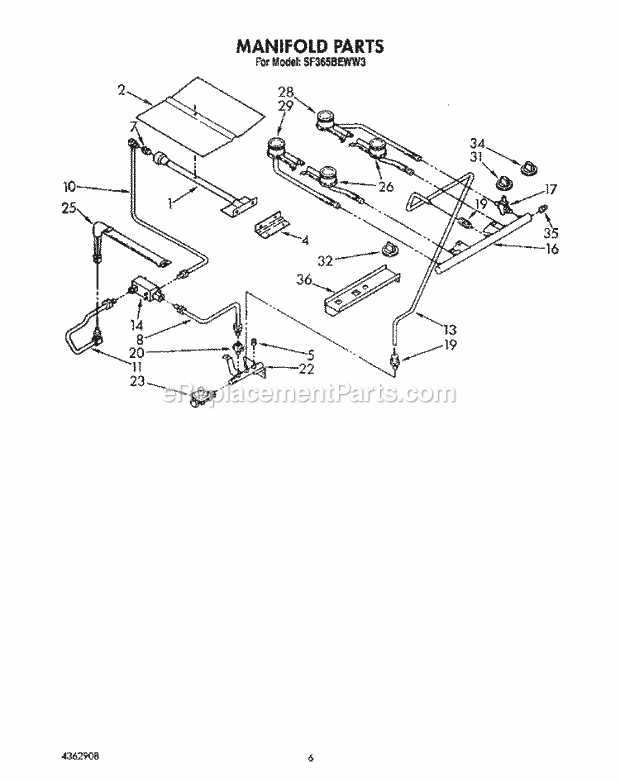 Whirlpool SF365BEWW3 Freestanding Gas Range Manifold Diagram