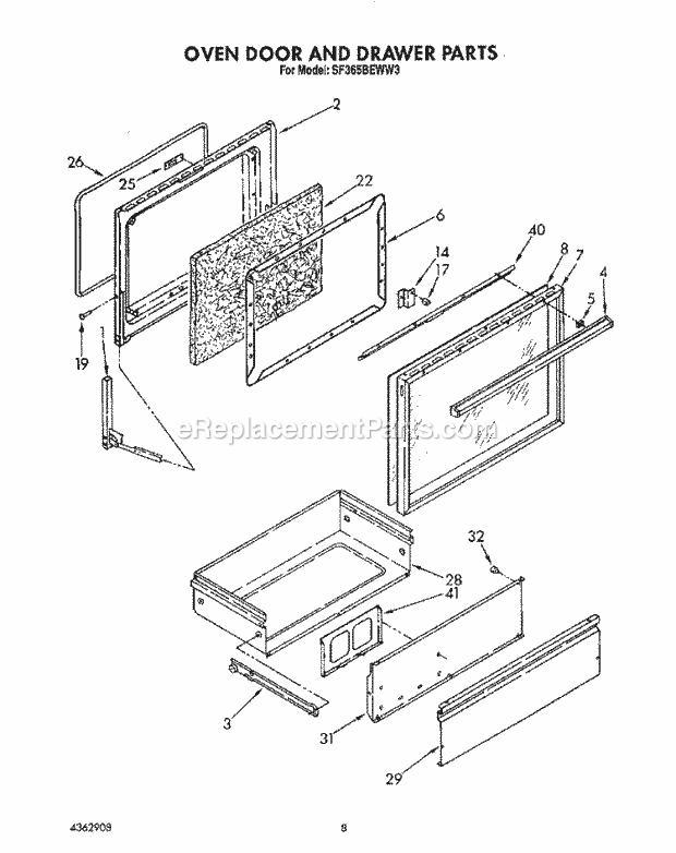 Whirlpool SF365BEWW3 Freestanding Gas Range Oven Door and Drawer Diagram