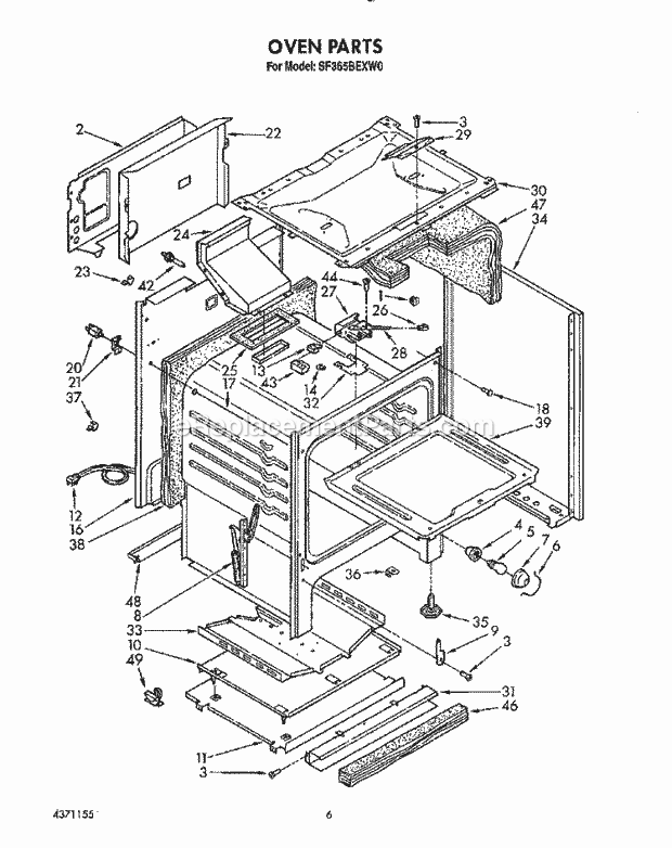 Whirlpool SF365BEXW0 Freestanding Gas Range Oven Diagram