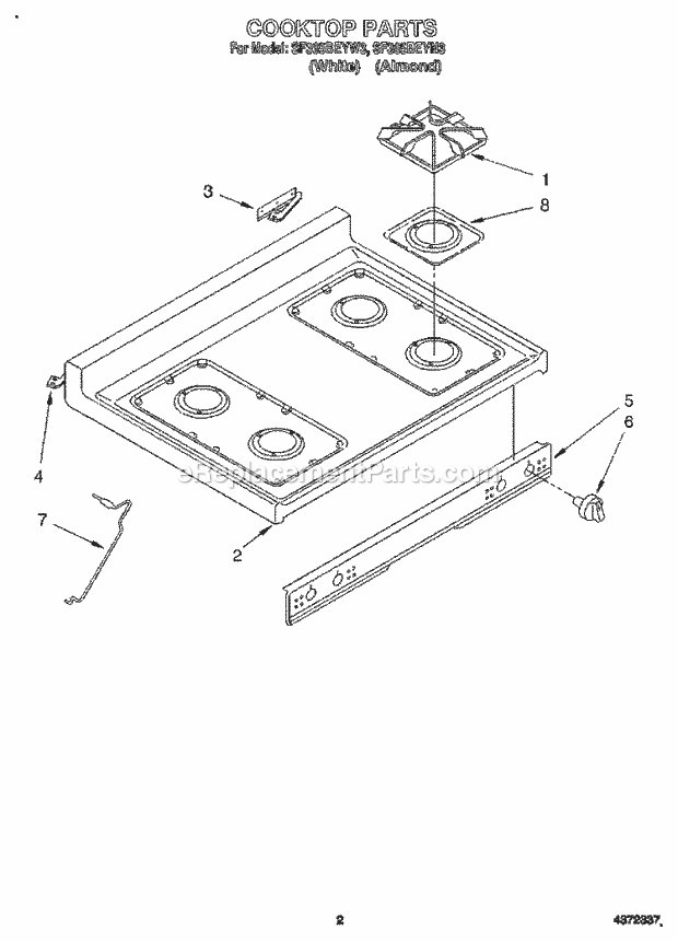 Whirlpool SF365BEYN3 Freestanding Gas Range Cooktop Diagram