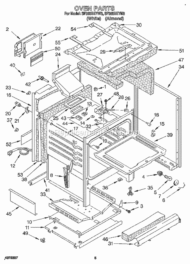 Whirlpool SF365BEYN3 Freestanding Gas Range Oven Diagram