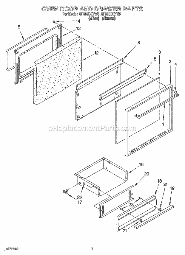 Whirlpool SF365BEYN5 Freestanding Gas Range Oven Door and Drawer Diagram
