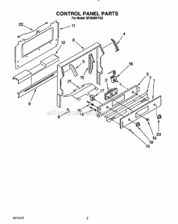 Whirlpool SF365BEYQ0 Freestanding Gas Range Control Panel Diagram