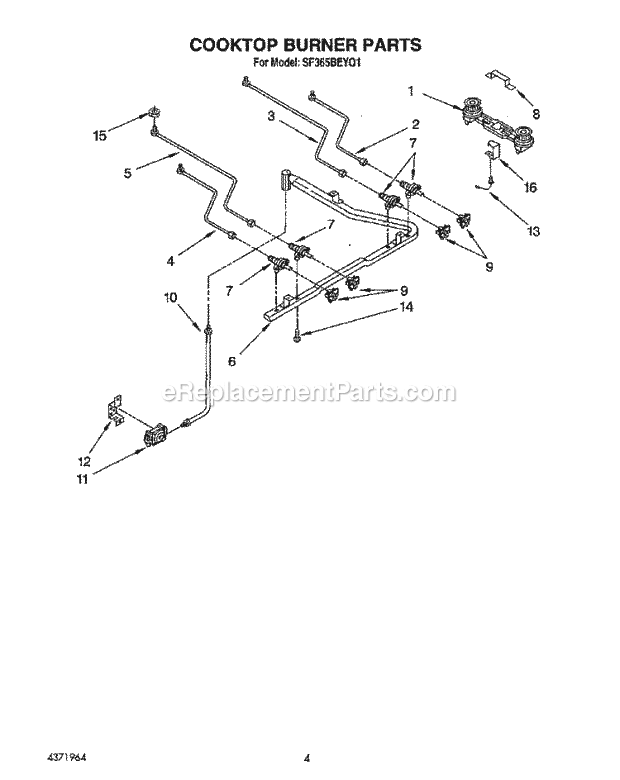 Whirlpool SF365BEYQ1 Freestanding Gas Range Cooktop Burner Diagram