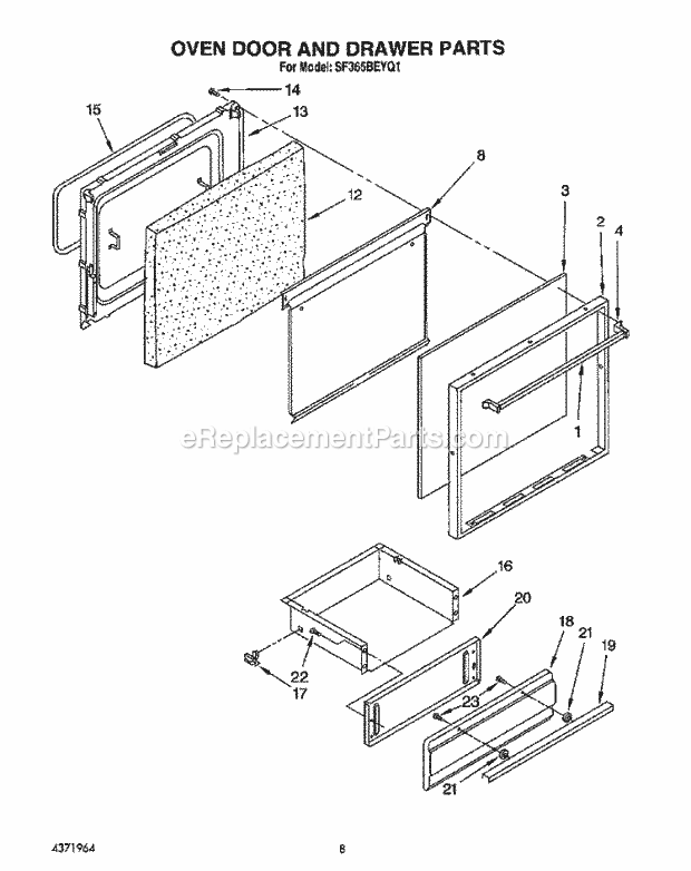 Whirlpool SF365BEYQ1 Freestanding Gas Range Oven Door and Drawer Diagram