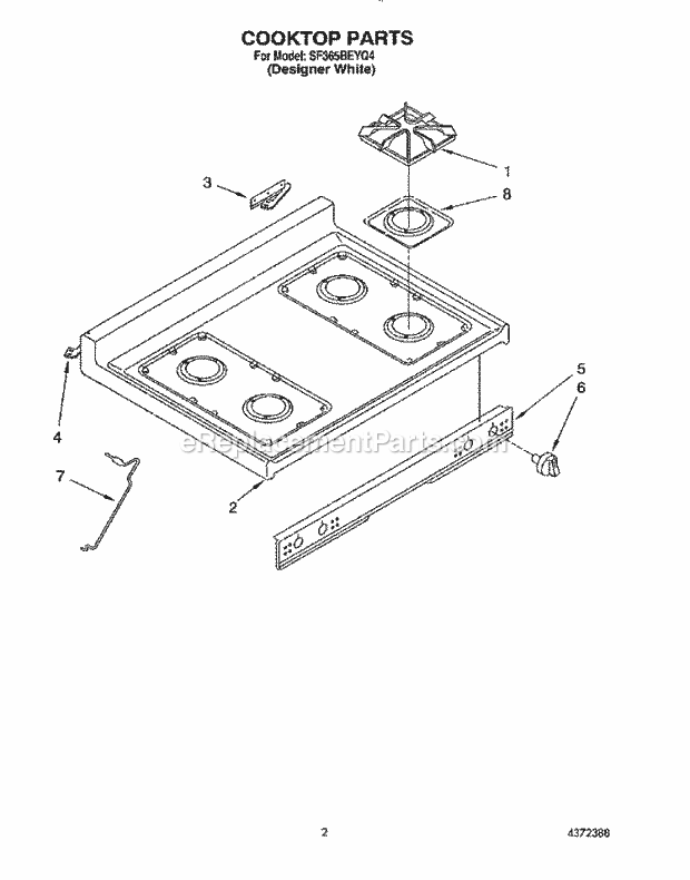 Whirlpool SF365BEYQ4 Freestanding Gas Range Cooktop Diagram