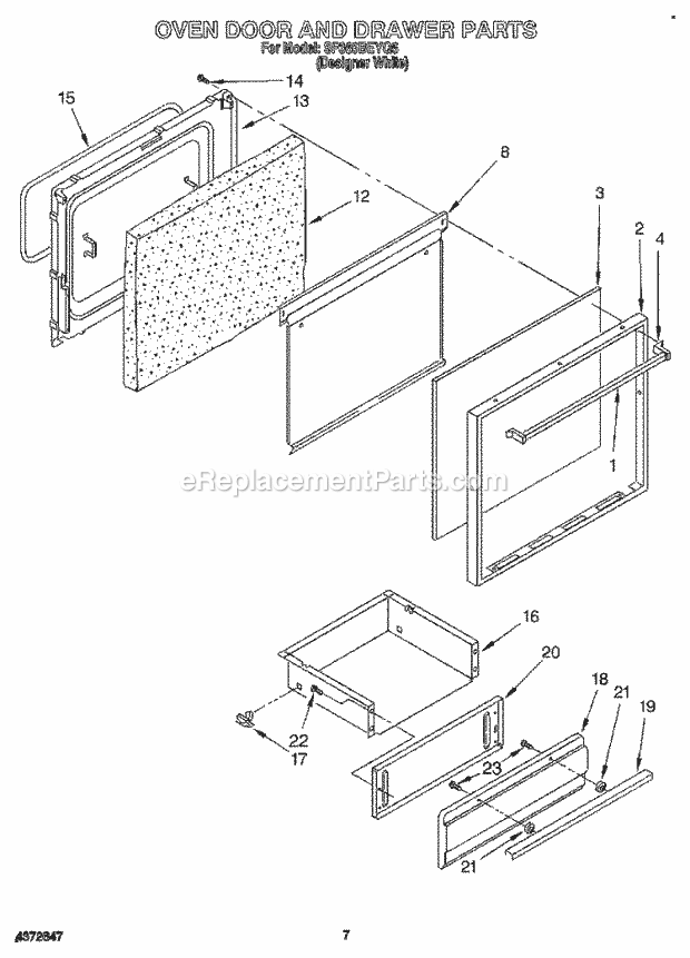 Whirlpool SF365BEYQ5 Freestanding Gas Range Oven Door and Drawer Diagram