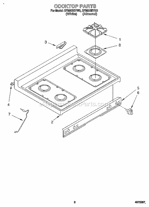 Whirlpool SF365BEYW2 Freestanding Gas Range Cooktop Diagram