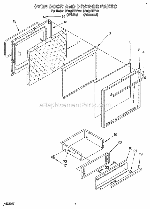 Whirlpool SF365BEYW2 Freestanding Gas Range Oven Door and Drawer Diagram
