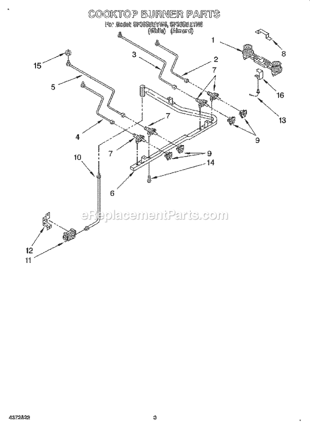 Whirlpool SF365BEYW6 Freestanding Gas Range Cooktop Burner Diagram