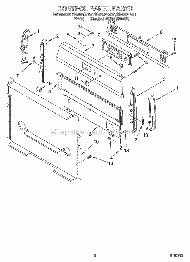 Whirlpool SF365PEGQ7 Freestanding Gas Range Control Panel Diagram