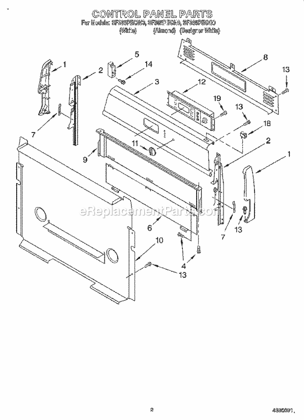 Whirlpool SF365PEGW0 Freestanding Gas Range Control Panel Diagram