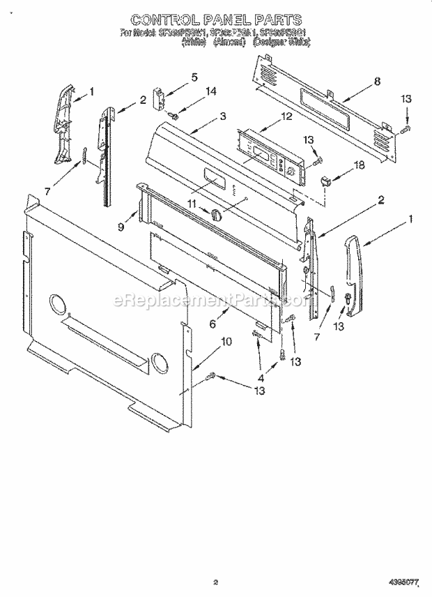 Whirlpool SF365PEGW1 Freestanding Gas Range Control Panel Diagram