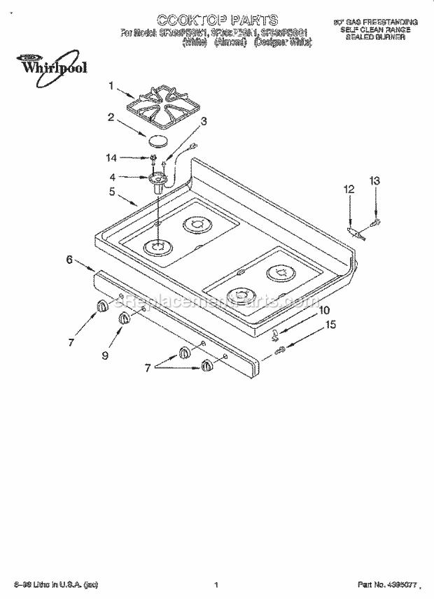Whirlpool SF365PEGW1 Freestanding Gas Range Cooktop Diagram