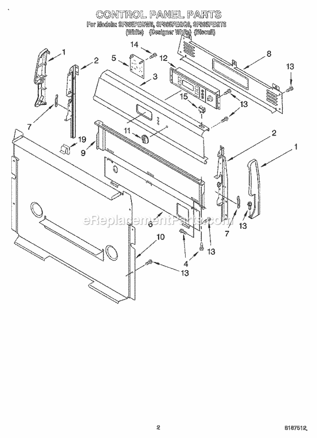 Whirlpool SF365PEGW6 Freestanding Gas Range Control Panel Diagram