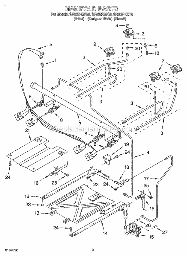 Whirlpool SF365PEGW6 Freestanding Gas Range Manifold Diagram