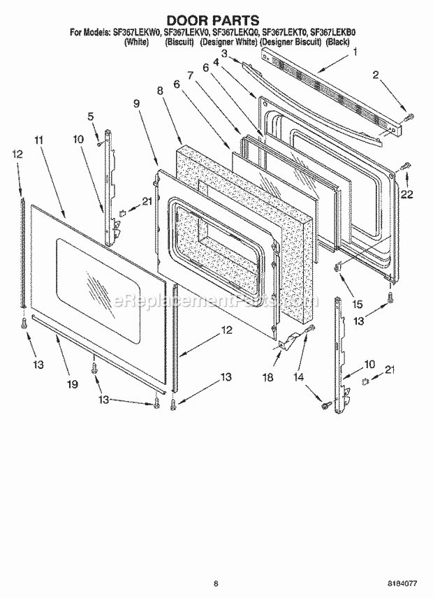 Whirlpool SF367LEKB0 Freestanding Gas Range Door Diagram