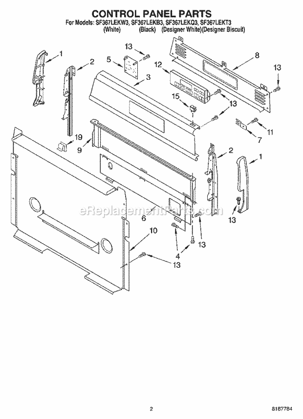 Whirlpool SF367LEKQ3 Freestanding Gas Range Control Panel Parts Diagram