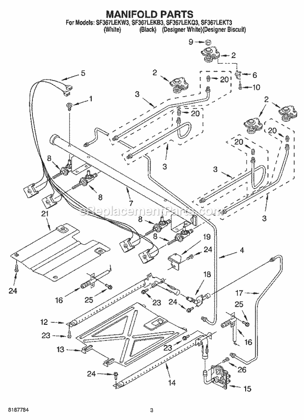 Whirlpool SF367LEKQ3 Freestanding Gas Range Manifold Parts Diagram