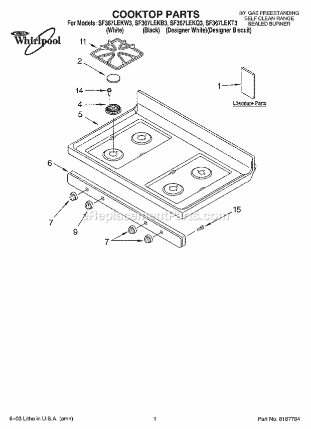 Whirlpool SF367LEKW3 Freestanding Gas Range Cooktop Parts Diagram