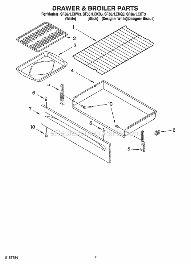 Whirlpool SF367LEKW3 Freestanding Gas Range Drawer & Broiler Parts Diagram