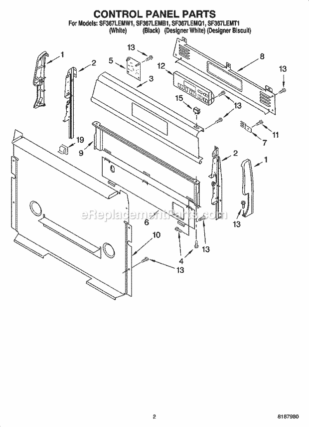 Whirlpool SF367LEMB1 Freestanding Gas Range Control Panel Parts Diagram