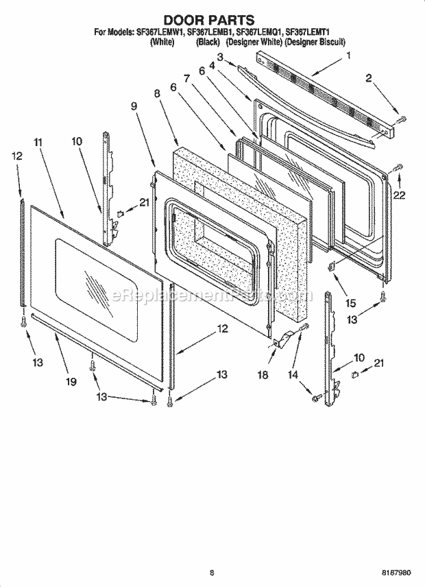 Whirlpool SF367LEMB1 Freestanding Gas Range Door Parts, Miscellaneous Parts Diagram
