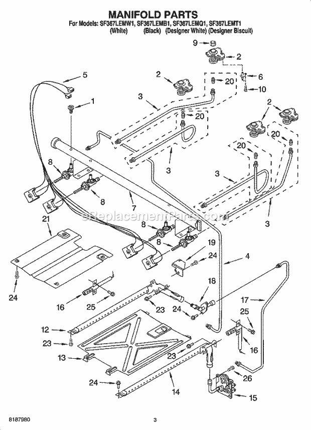 Whirlpool SF367LEMB1 Freestanding Gas Range Manifold Parts Diagram