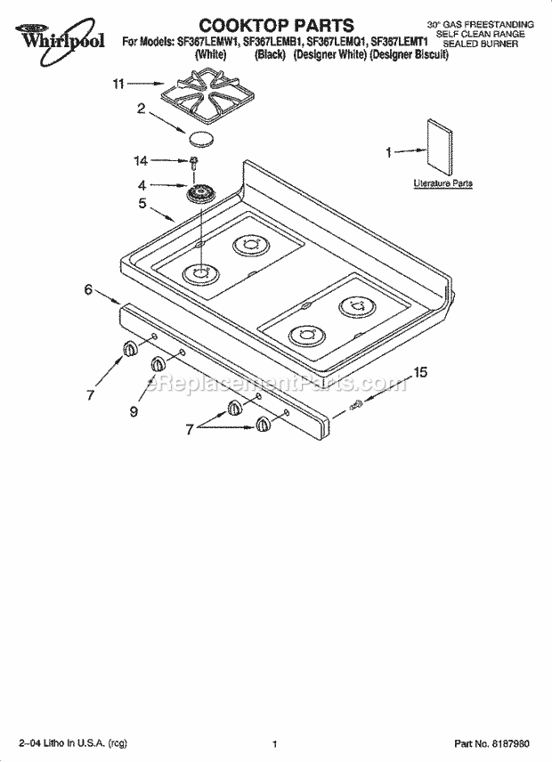 Whirlpool SF367LEMW1 Freestanding Gas Range Cooktop Parts Diagram