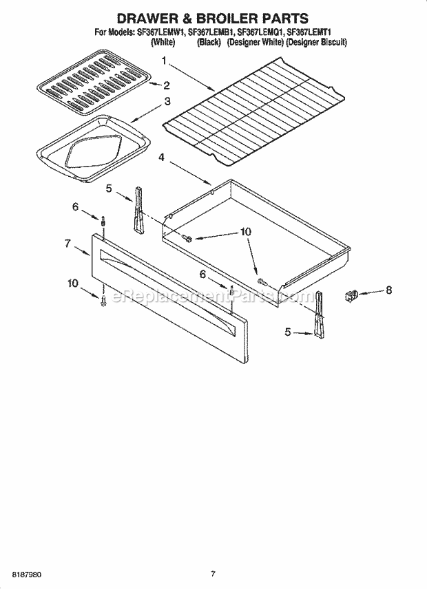 Whirlpool SF367LEMW1 Freestanding Gas Range Drawer & Broiler Parts Diagram