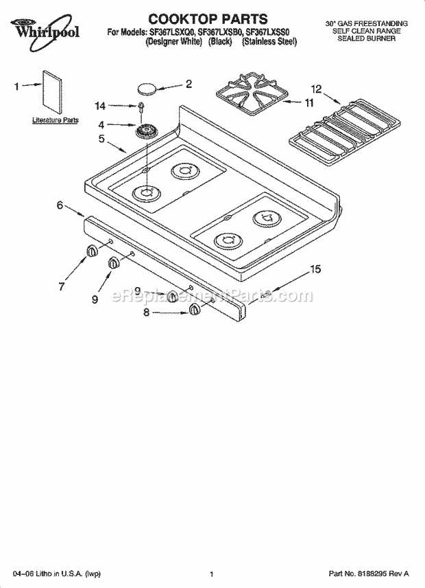 Whirlpool SF367LXSB0 Freestanding Gas Range Cooktop Parts Diagram