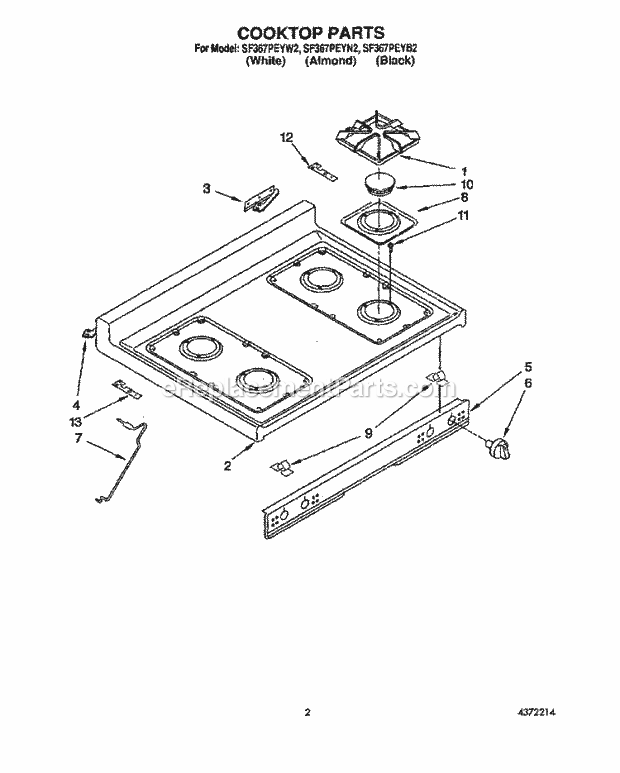 Whirlpool SF367PEYB2 Freestanding Gas Range Cooktop Diagram