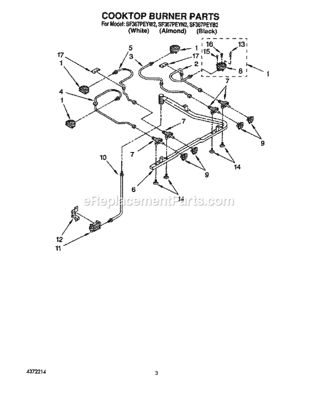 Whirlpool SF367PEYB2 Freestanding Gas Range Cooktop Burner Diagram