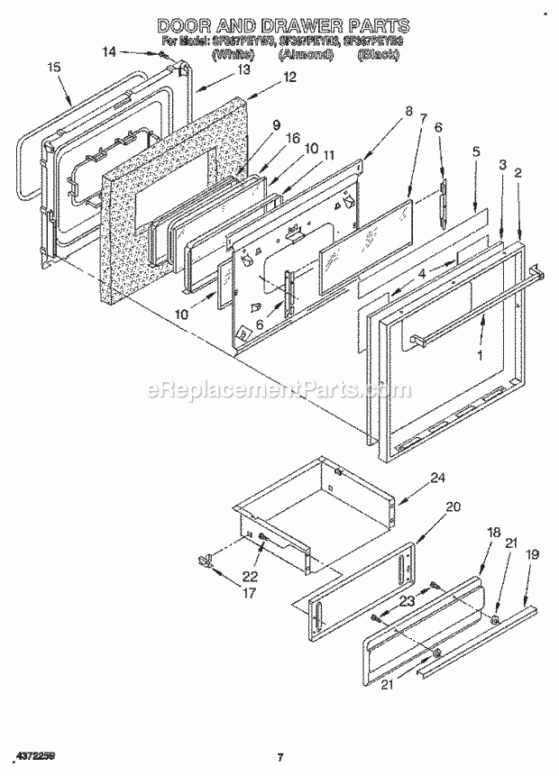 Whirlpool SF367PEYB3 Freestanding Gas Range Door and Drawer Diagram