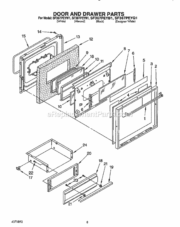 Whirlpool SF367PEYN1 Freestanding Gas Range Door and Drawer Diagram