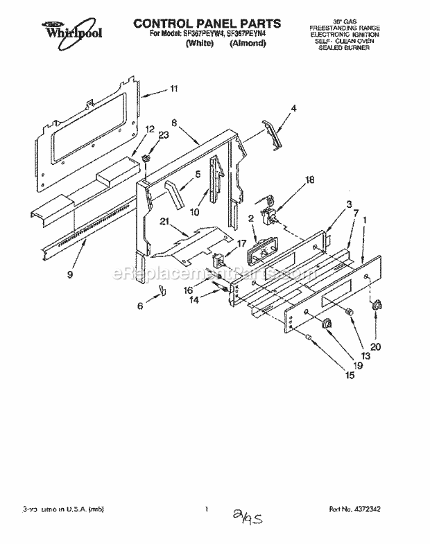 Whirlpool SF367PEYN4 Freestanding Gas Range Control Panel Diagram