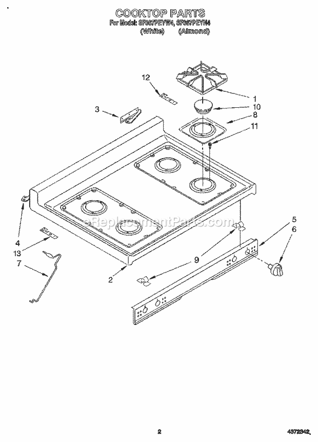 Whirlpool SF367PEYN4 Freestanding Gas Range Cooktop Diagram