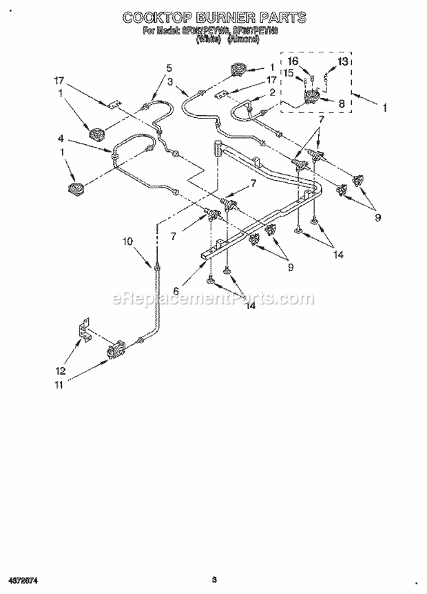 Whirlpool SF367PEYN6 Freestanding Gas Range Cooktop Burner Diagram