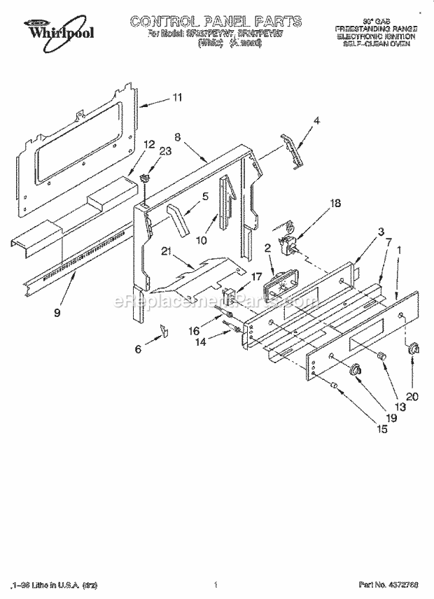 Whirlpool SF367PEYN7 Freestanding Gas Range Control Panel Diagram