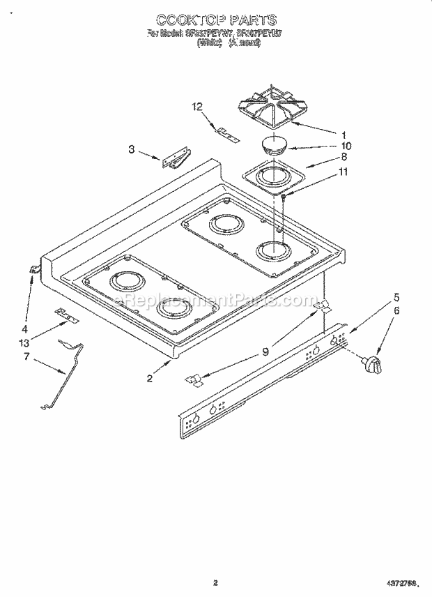 Whirlpool SF367PEYN7 Freestanding Gas Range Cooktop Diagram