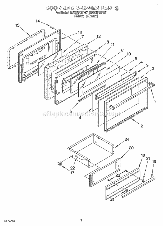 Whirlpool SF367PEYN7 Freestanding Gas Range Door and Drawer Diagram