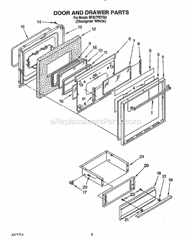 Whirlpool SF367PEYQ0 Freestanding Gas Range Door and Drawer Diagram