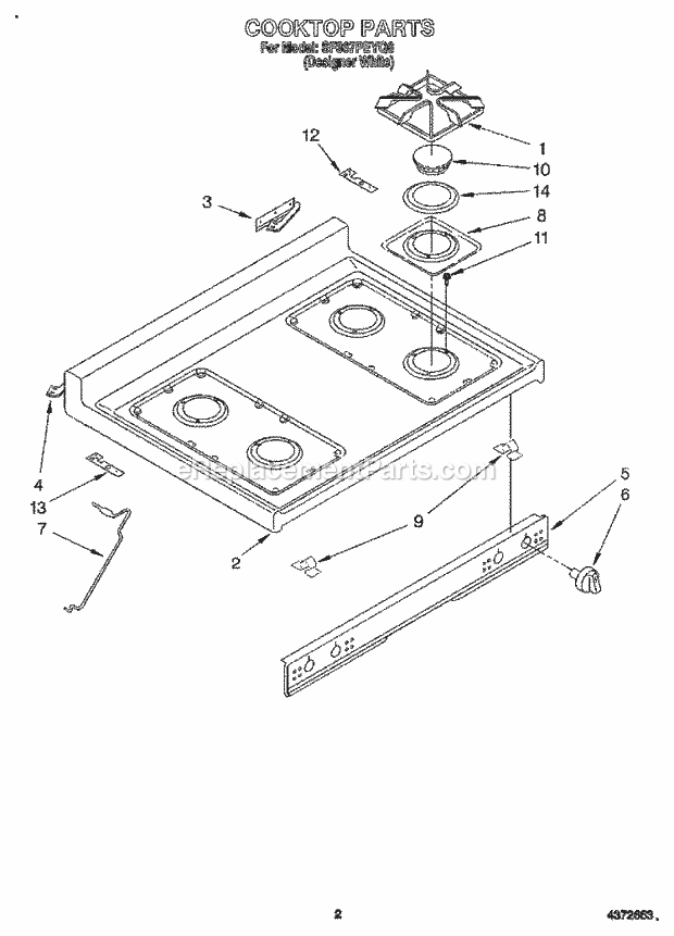 Whirlpool SF367PEYQ6 Freestanding Gas Range Cooktop Diagram