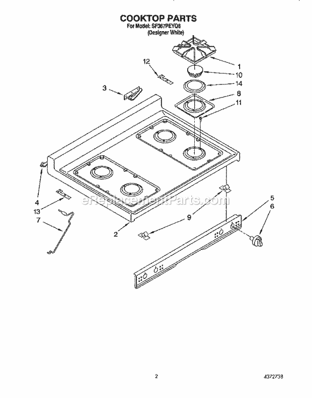 Whirlpool SF367PEYQ8 Freestanding Gas Range Cooktop Diagram