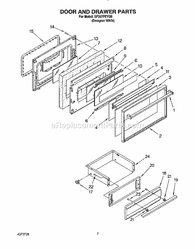 Whirlpool SF367PEYQ8 Freestanding Gas Range Door and Drawer Diagram