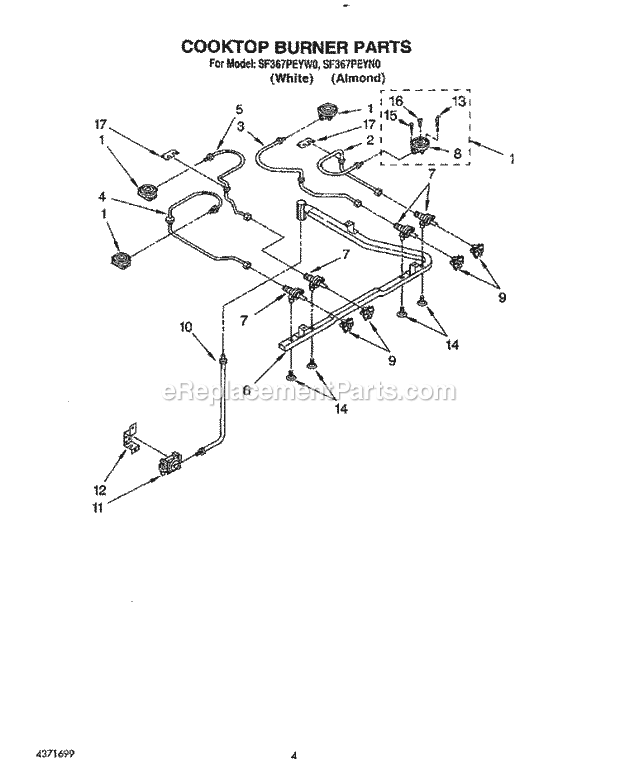 Whirlpool SF367PEYW0 Freestanding Gas Range Cooktop Burner Diagram