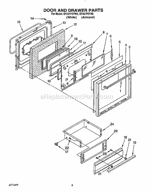 Whirlpool SF367PEYW0 Freestanding Gas Range Door and Drawer Diagram