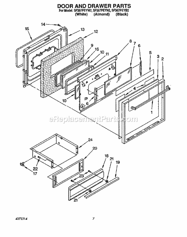 Whirlpool SF367PEYW2 Freestanding Gas Range Oven Door and Drawer Diagram